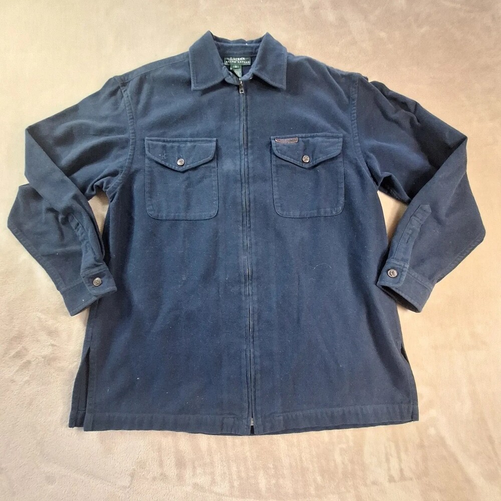Vintage Lauren Ralph Lauren Jacket Mens Small Blue Cotton Flannel Full Zip
